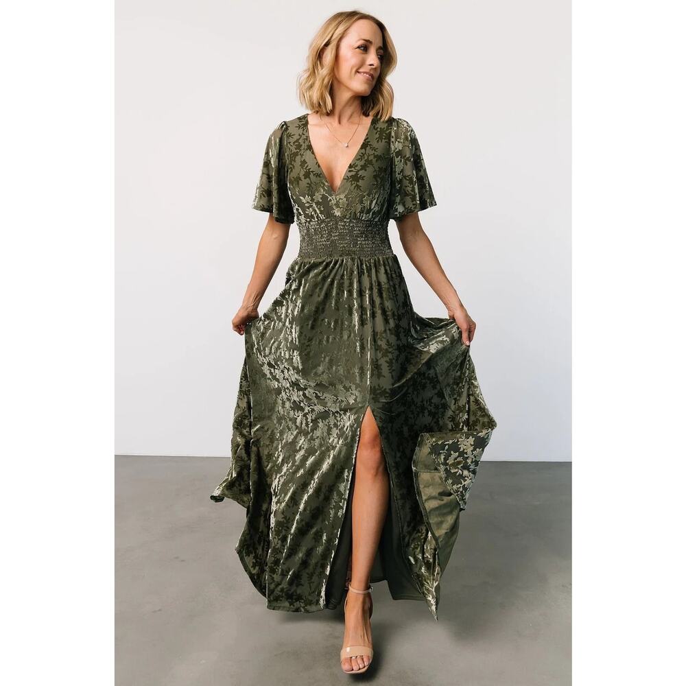 Baltic Born Olive Green Velvet Maxi Dress